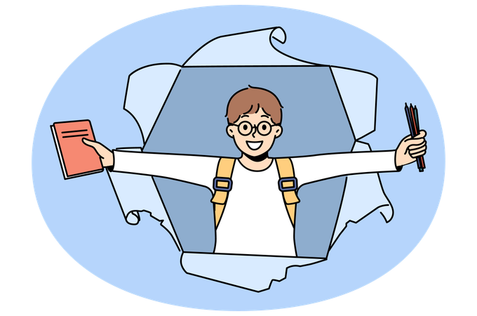 Little schoolboy with books rejoices at beginning of school year looking out of hole in paper  Illustration