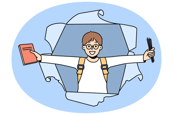 Little schoolboy with books rejoices at beginning of school year looking out of hole in paper  Illustration