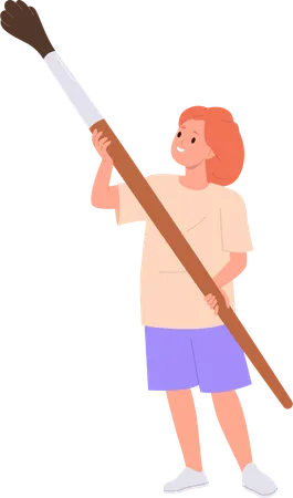 Little schoolgirl holding paint brush  Illustration