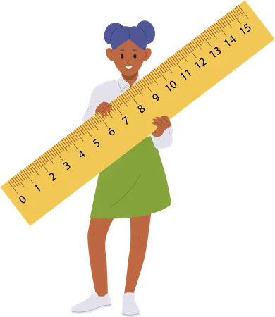 Little Schoolgirl Child Cartoon Student Character Holding Giant Ruler Isolated On White Cute Smart Girl Talented Creative Kid Preparing For School Lessons And Geometry Subject Vector Illustration Illustration