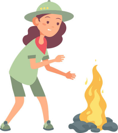 Little scout girl standing near campfire Illustration