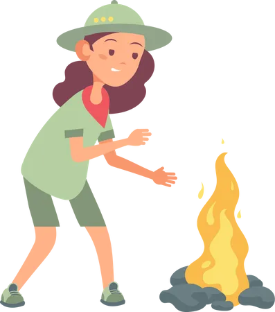 Little scout girl standing near campfire Illustration