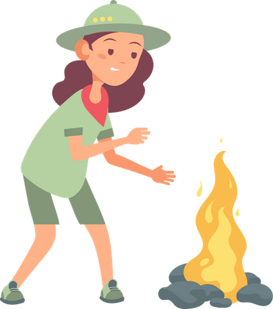 Little scout girl standing near campfire  Illustration