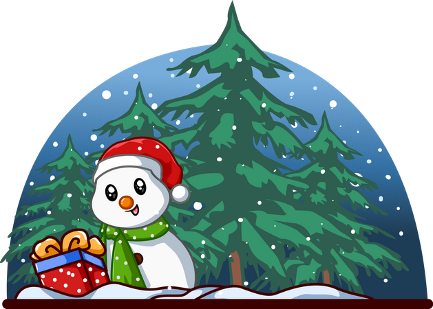 Little snowman with Christmas gift in the forest  Illustration