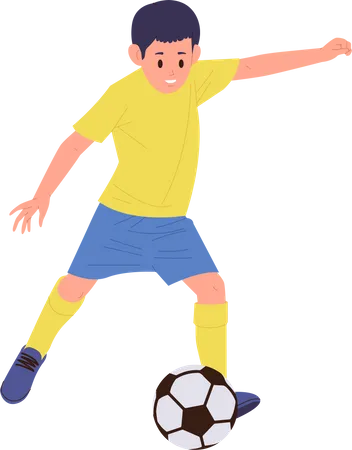 Little Boy Soccer Player Cartoon Character Playing Football Kicking Ball Enjoying Sport Training Exercise With Favorite Toy Or Preparing For School Championship Vector Illustration Isolated On White Illustration