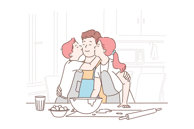 Little son and daughter kiss and hug their father  Illustration