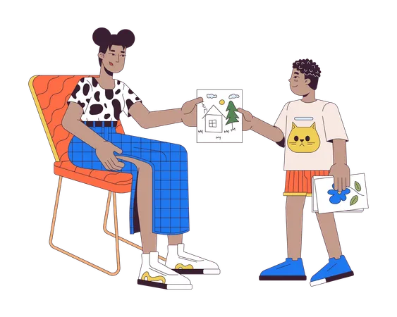 Little Son Giving Picture To Mother 2 D Linear Cartoon Characters Boy Presenting Drawing To Woman Isolated Line Vector People White Background African American Family Color Flat Spot Illustration Illustration
