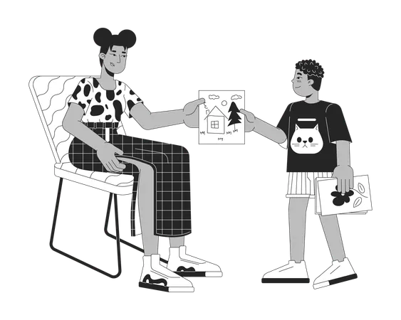 Son Giving Picture To Mother Black And White 2 D Line Cartoon Characters Boy Presenting Drawing To Woman Isolated Vector Outline People African American Family Monochromatic Flat Spot Illustration イラスト