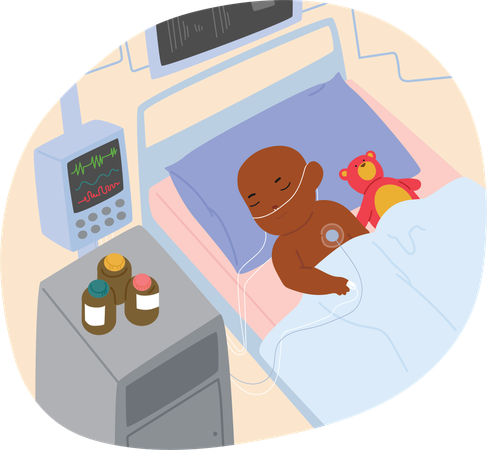 Little toddler kid receiving treatment from cancer lying in hospital ward scene  Illustration