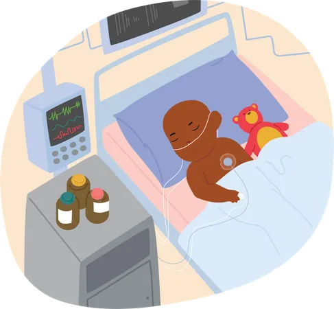 Little toddler kid receiving treatment from cancer lying in hospital ward scene  Illustration