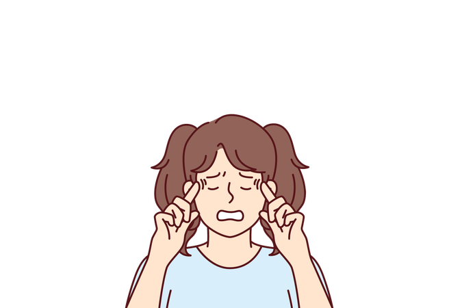 Little upset teen girl suffers from depression and headaches puts fingers to temples  イラスト