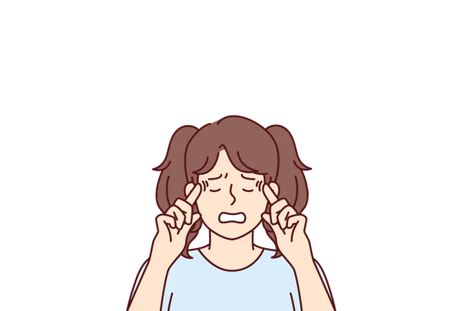 Little upset teen girl suffers from depression and headaches puts fingers to temples  イラスト