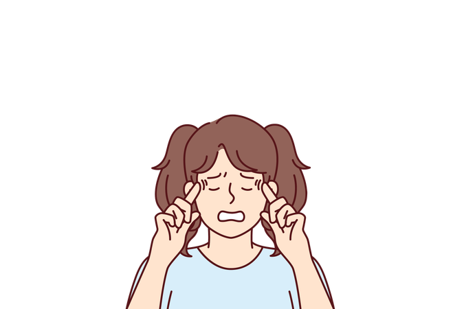 Little upset teen girl suffers from depression and headaches puts fingers to temples  Illustration