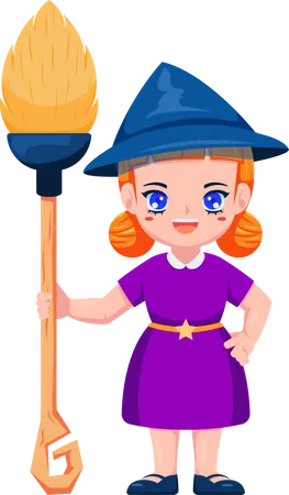 Cute Little Witch Cartoon With Broomstick For Halloween Holiday Illustration