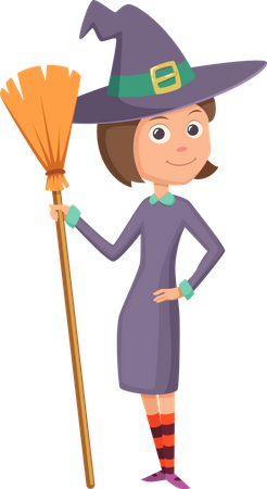 Little Witch Holding Broomstick  イラスト