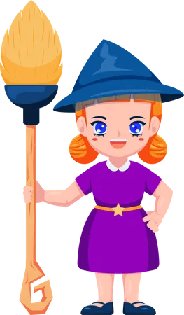 Little Witch Holding Broomstick  Illustration