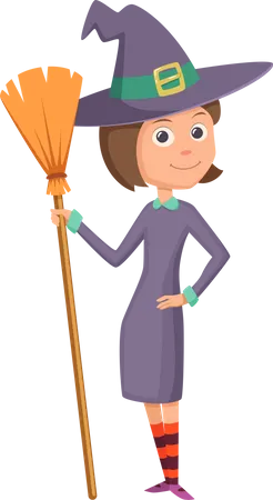 Little Witch Holding Broomstick  Illustration