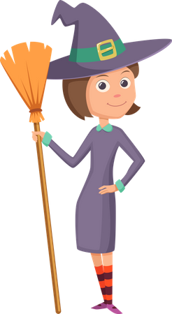 Little Witch Holding Broomstick  Illustration