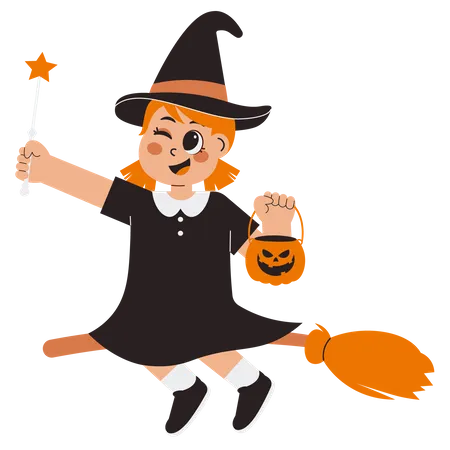 Little Witch Holding Magic Wand  Illustration