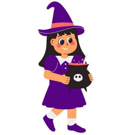 Little Witch Holding Witch's Cauldron  Illustration