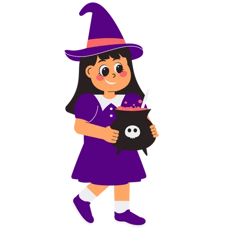 Little Witch Holding Witch's Cauldron  Illustration