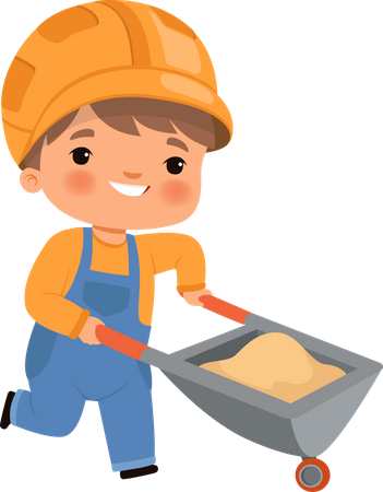 Little worker pushing sand trolley  Illustration