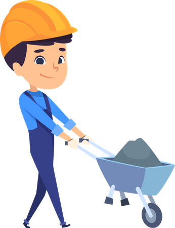 Little worker pushing sand trolley  Illustration