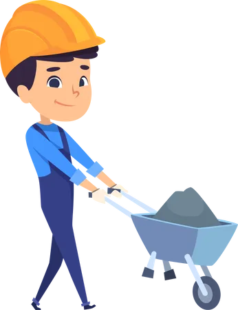 Little worker pushing sand trolley  Illustration