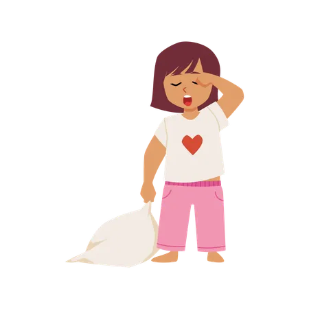 パジャマを着て枕を抱えてあくびをしている小さな女の子  イラスト
