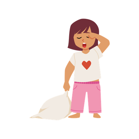 Little yawning girl in pajamas holding a pillow  Illustration