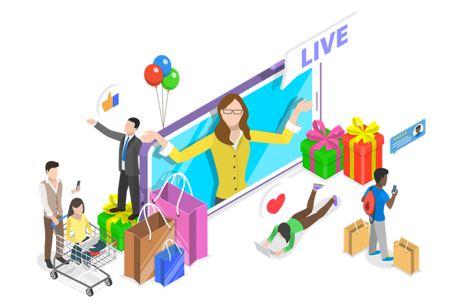Live Commerce, E-commerce and Online Selling Illustration