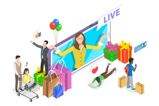 Live-Commerce, E-Commerce und Online-Verkauf  Illustration