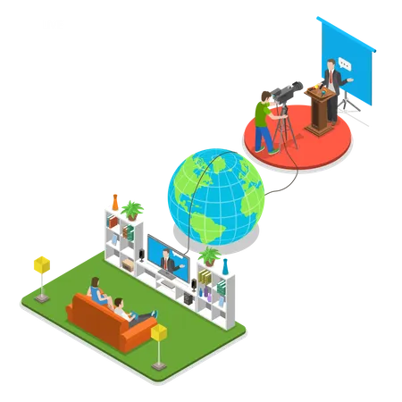 Live Report Isometric Flat Vector Concept Man And Woman Are Watching Speach That Is Taking Place On Other Part Of Earth At The Same Time Illustration