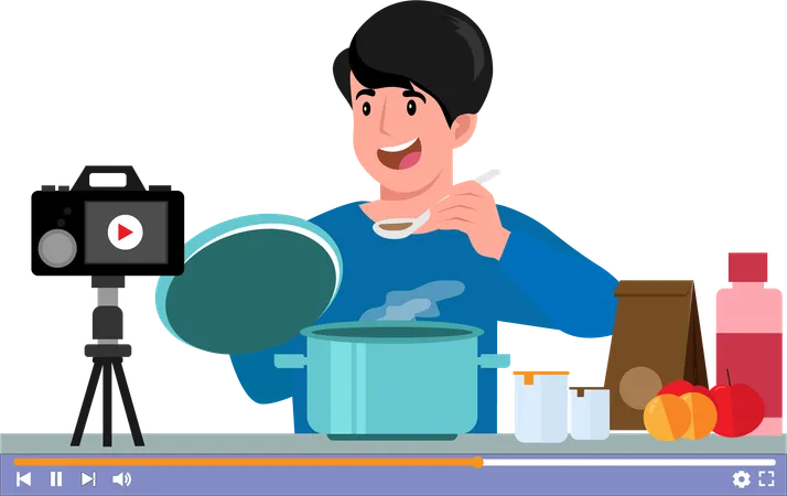 Live Streaming Online Cooking With Chef In Class Learn To Cook Homemade Food And Variety Of Dishes In Flat Cartoon Hand Drawn Template Illustration Illustration