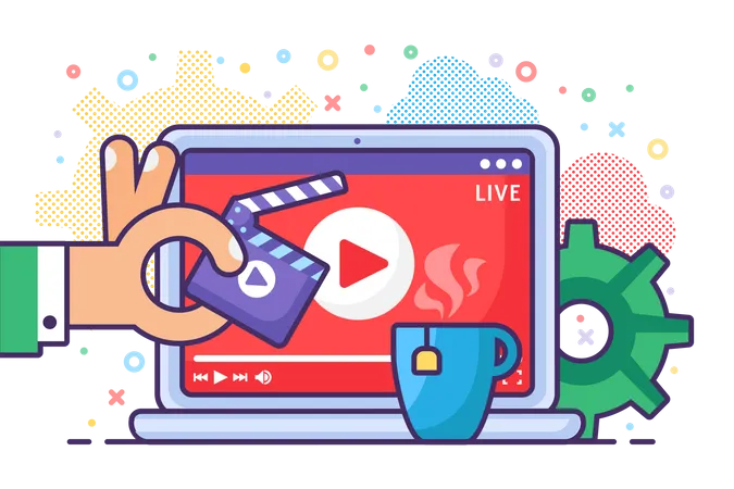 Live Stream Producing Concept Icon Online Broadcast On Computer Idea Semi Flat Illustration Hand With Clapperboard And Mug Modern Cover Design Vector Isolated Color Drawing Illustration