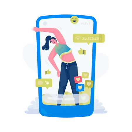 Illustration Of A Young Girl As Content Creators Doing Live Workout On Social Media Streaming Illustration