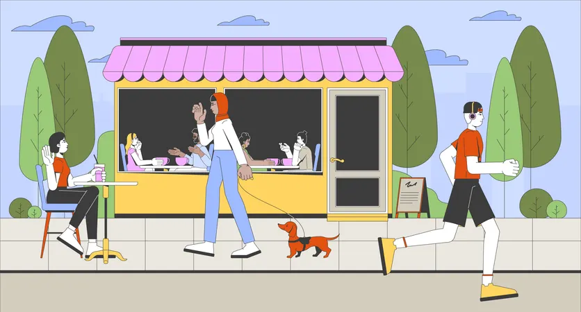 Lively street scene with cozy cafe outdoors  Illustration