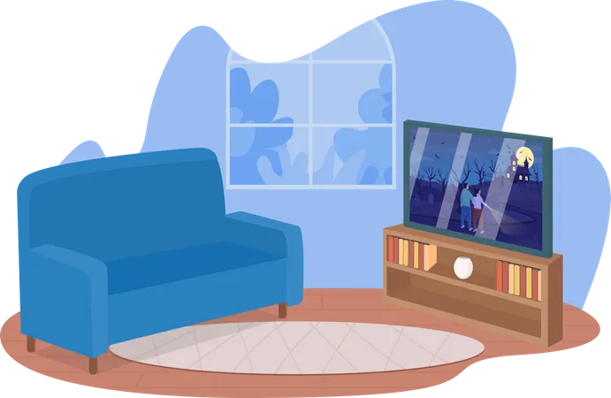 Watching Scary Movie On Halloween 2 D Vector Isolated Illustration Television Set And Blue Couch Flat Objects On Cartoon Background Nighttime Condition Movie Night Party Colourful Scene Illustration