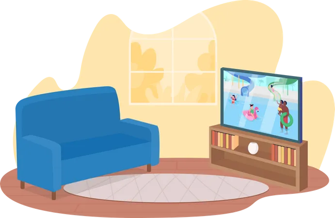 Living Room Furniture 2 D Vector Isolated Illustration Flat Screen TV And Blue Sofa Flat Objects On Cartoon Background Daytime Condition Watching Television In Morning Colourful Scene Illustration