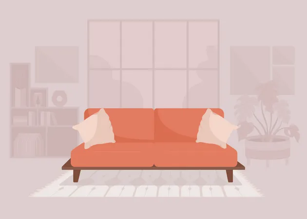Living Room Furniture Arrangement Flat Color Vector Illustration Modern Red Couch With Pillows Fully Editable 2 D Simple Cartoon Interior With Cozy Atmosphere And Large Window On Background Illustration