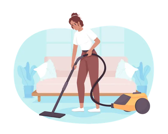 Living Room Cleaning Routine 2 D Vector Isolated Illustration Woman Removing Dirt With Vacuum Cleaner Flat Character On Cartoon Background Colorful Editable Scene For Mobile Website Presentation Illustration