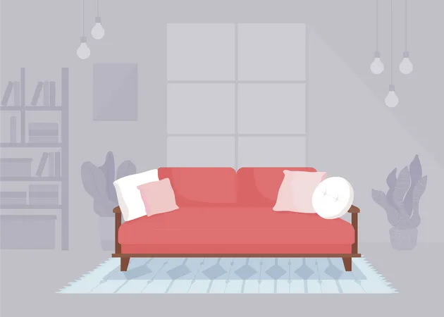 Red Sofa With Beautifully Arranging Pillows Flat Color Vector Illustration Living Room Decor Fully Editable 2 D Simple Cartoon Interior With Cozy Atmosphere And Large Window On Background 일러스트레이션