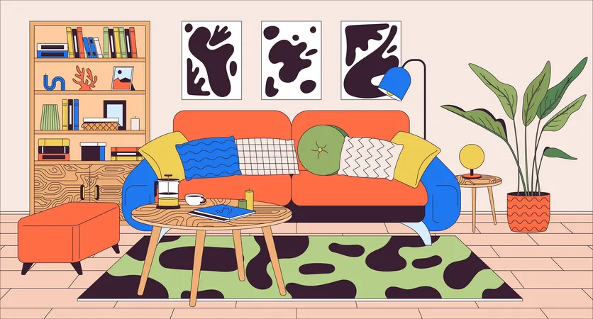 Living Room Furnishing Cartoon Flat Illustration Soft Sofa And Coffee Table In Home Design 2 D Line Interior Colorful Background Furniture Arrangement In Apartment Scene Vector Storytelling Image Illustration