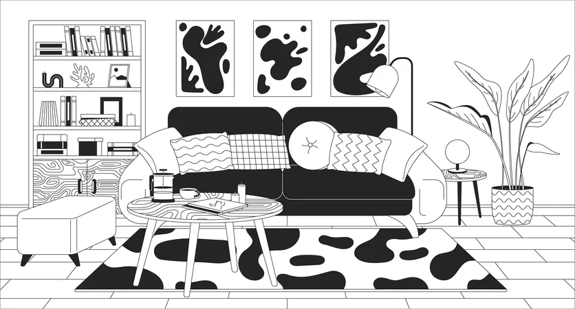 Living Room Furnishing Black And White Line Illustration Soft Sofa And Coffee Table In Home Design 2 D Interior Monochrome Background Furniture Arrangement In Apartment Outline Scene Vector Image Illustration