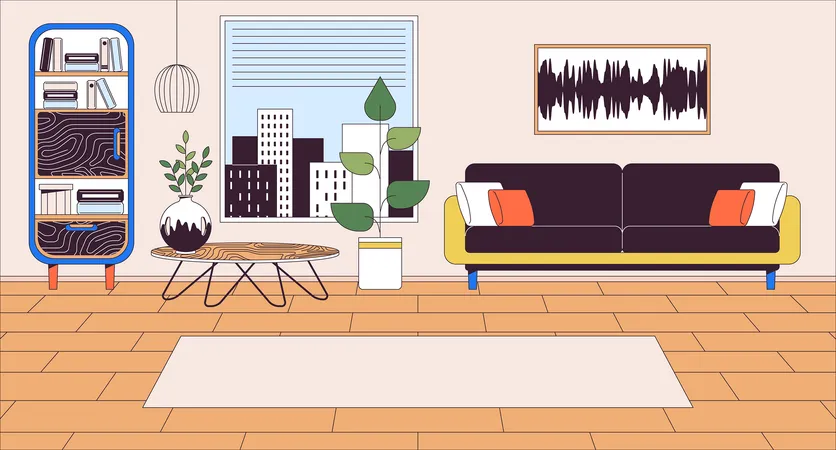 Living Room Interior Line Cartoon Flat Illustration Comfortable Furnished Home Apartment With Elegant Furniture 2 D Lineart Scenery Background Residential House Scene Vector Color Image Illustration