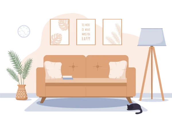 Cozy Living Room Interior In Scandinavian Style Apartment Design Concept With Comfy Furniture Nordic Sofa With Lamp And Plant Vector Illustration In Cartoon Hygge Style Illustration