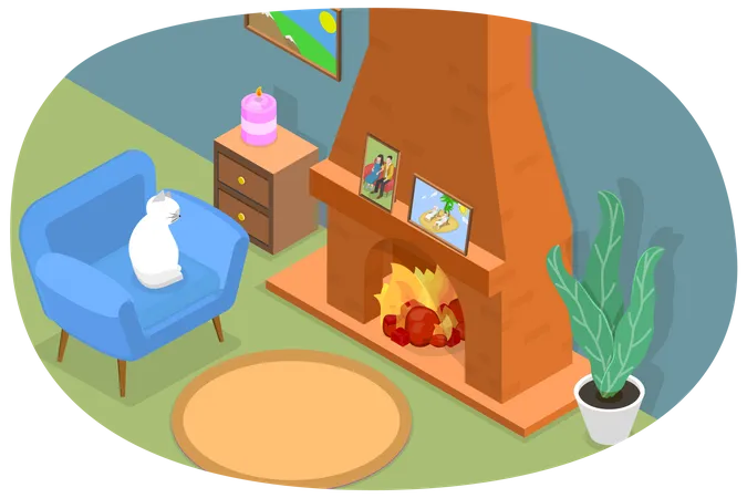 3 D Isometric Flat Vector Conceptual Illustration Of Cozy Interior Living Room With Fireplace Illustration