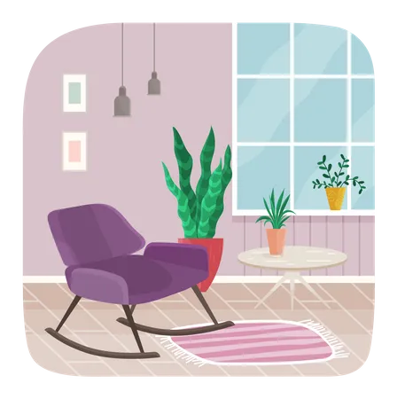 Purple Rocking Chair In Interior With Striped Carpet And Large Window Living Room Interior With Furniture For Elderly Arrangement Of Furniture And Decorations In Apartment With Rocking Chair Illustration