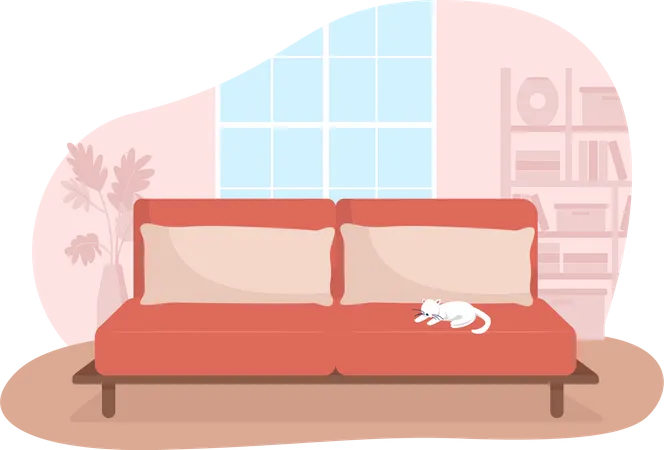Living Room With Red Couch 2 D Vector Isolated Illustration Sofa With Cat Sleeping On Top Contemporary Furnishing Cosy Apartment Flat Interior On Cartoon Background Home Colourful Scene Illustration