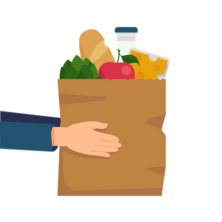 Livraison de nourriture avec les mains tenant un sac à provisions en papier rempli de marchandises et de produits, notamment du pain, du lait, des légumes et du fromage  Illustration